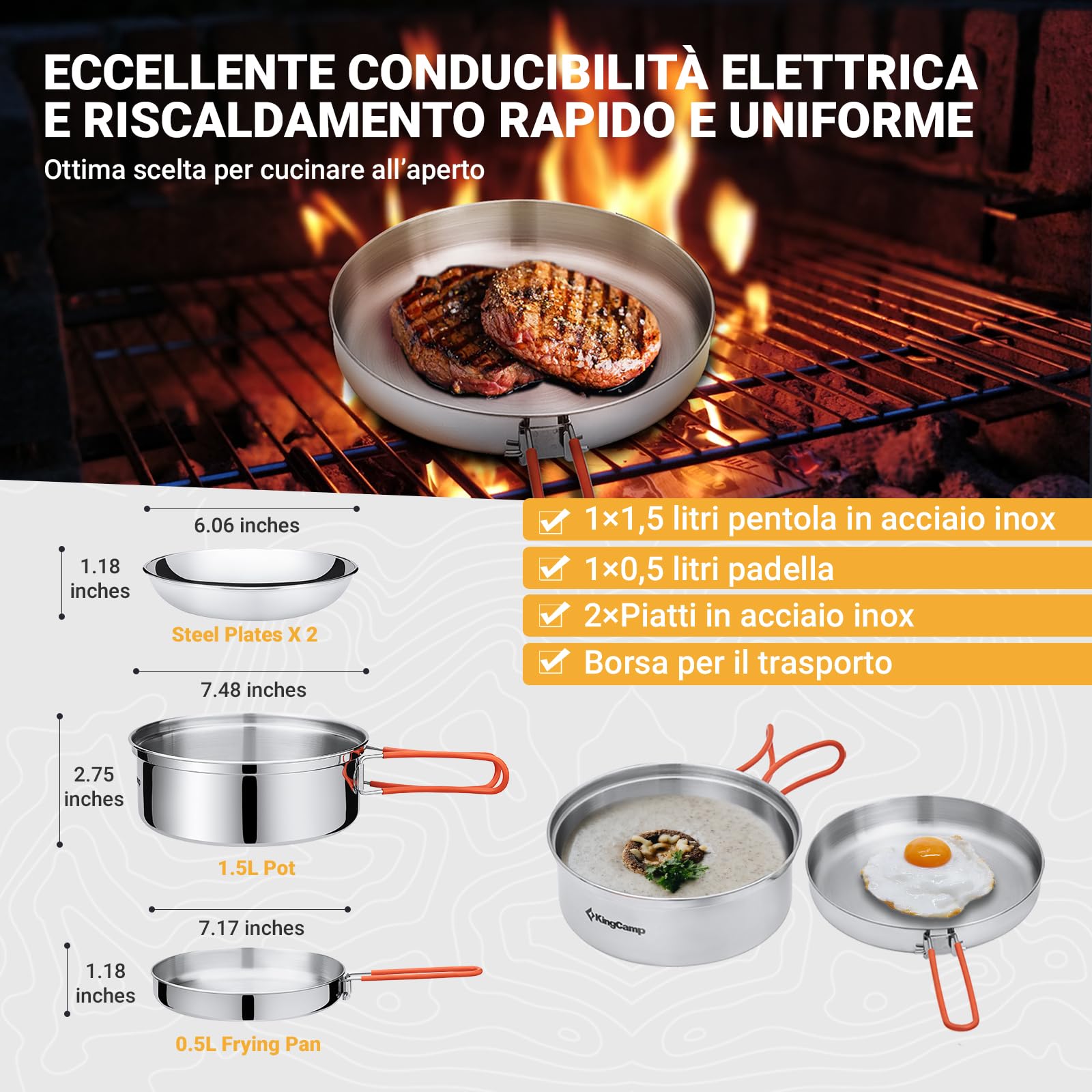 KingCamp Set di pentole da Campeggio, stoviglie da Campeggio in Acciaio Inox, Leggero e Portatile, Include pentola, Padella, Posate, Piatti e Ciotole, Set Pieghevole Ultraleggero