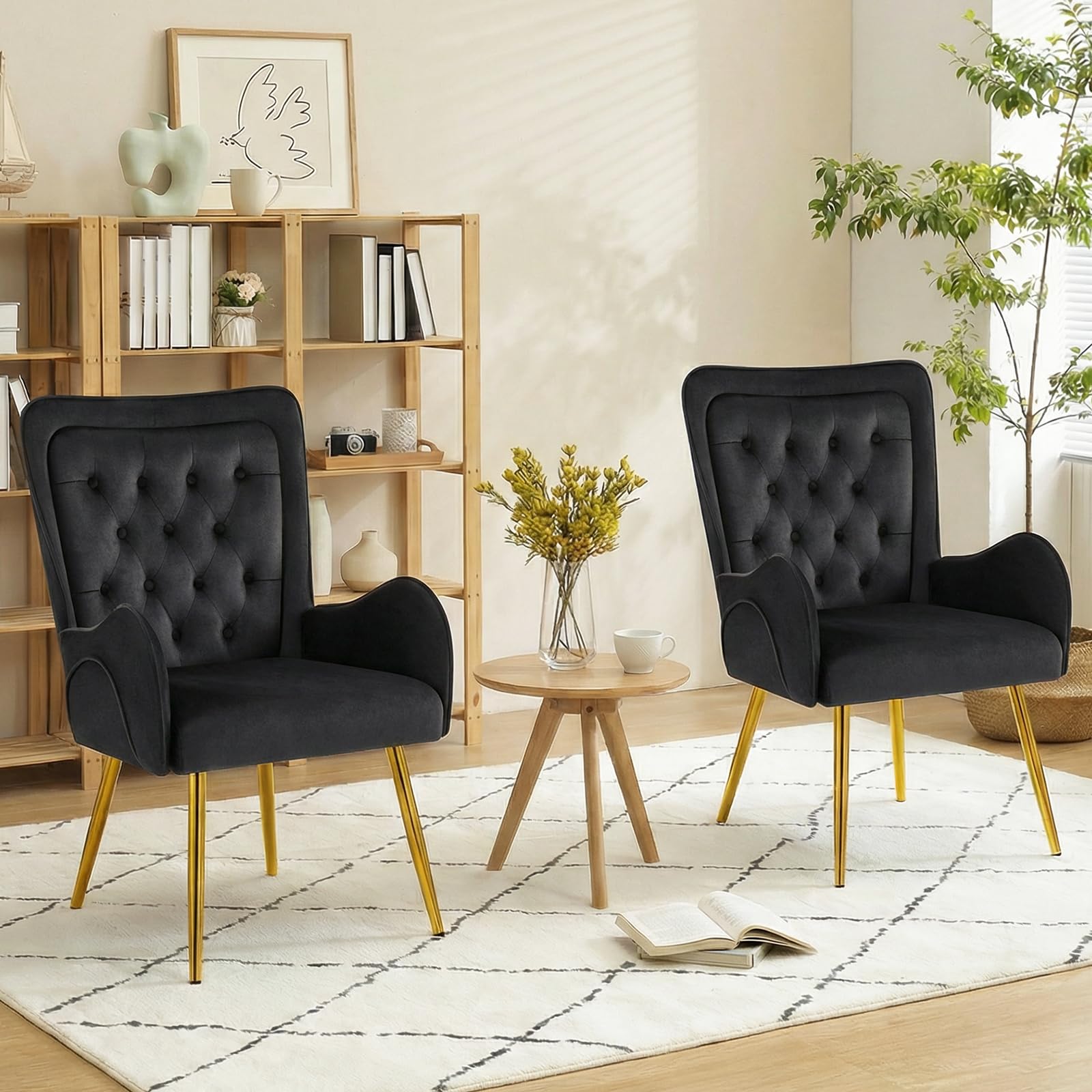 Hellove Pack de 2 Sillones de Salon con Patas de Metal, Butacas Dormitorio Silla Tocador Moderno, Terciopelo Sillón Lectura, Silla Orejero Nordica Escandinavo para Salón Dormitorio Tocador, Negro