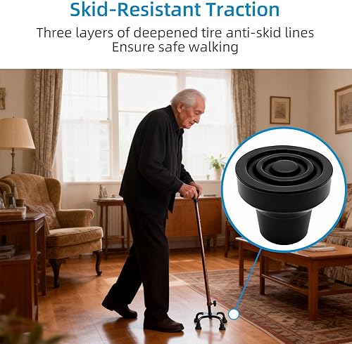 Miniatura 4 de XSL Puntas de bastón cuádruple (paquete de 4)  Pie de goma de repuesto resistente de 12 pulgada  Empuñadura de base de fijación negra  Accesorios