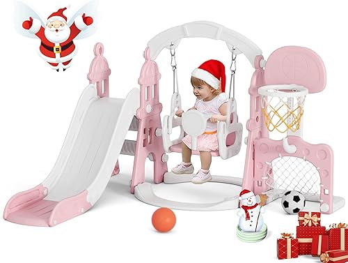 XJD Juego de toboganes y columpios 6 en 1 para niños pequeños de 1 año, juego para exteriores con aro de baloncesto, marco de fútbol, columpio,