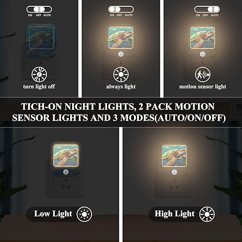 Miniatura 4 de Luces nocturnas de pared, paquete de 2 luces de noche LED de tortuga marina de color (2) sensor de atardecer a amanecer, brillo ajustable de