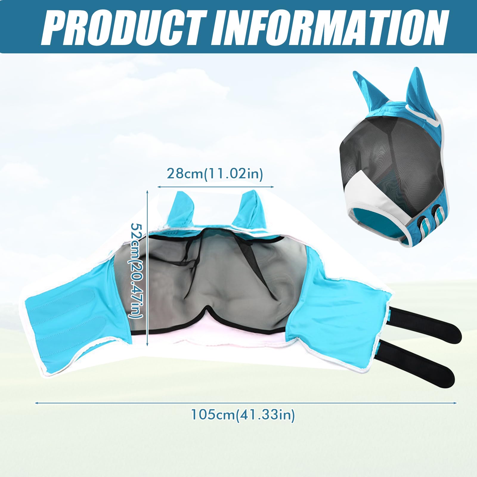 Máscara de mosca para caballo, protección UV con protección para las orejas, máscara de caballo con orejas, protección protectora, malla transpirable