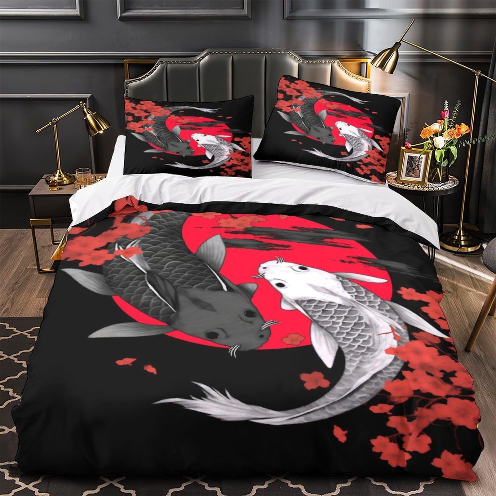 Koi Fisch Kunst 3-teiliges Reines Polyester Japanische Stil Illustration Bettbezugset, Versteckter Reißverschluss, Für Kleinkinder, Babysicher & Gifffrei, Pflegeleicht King（220x240cm）