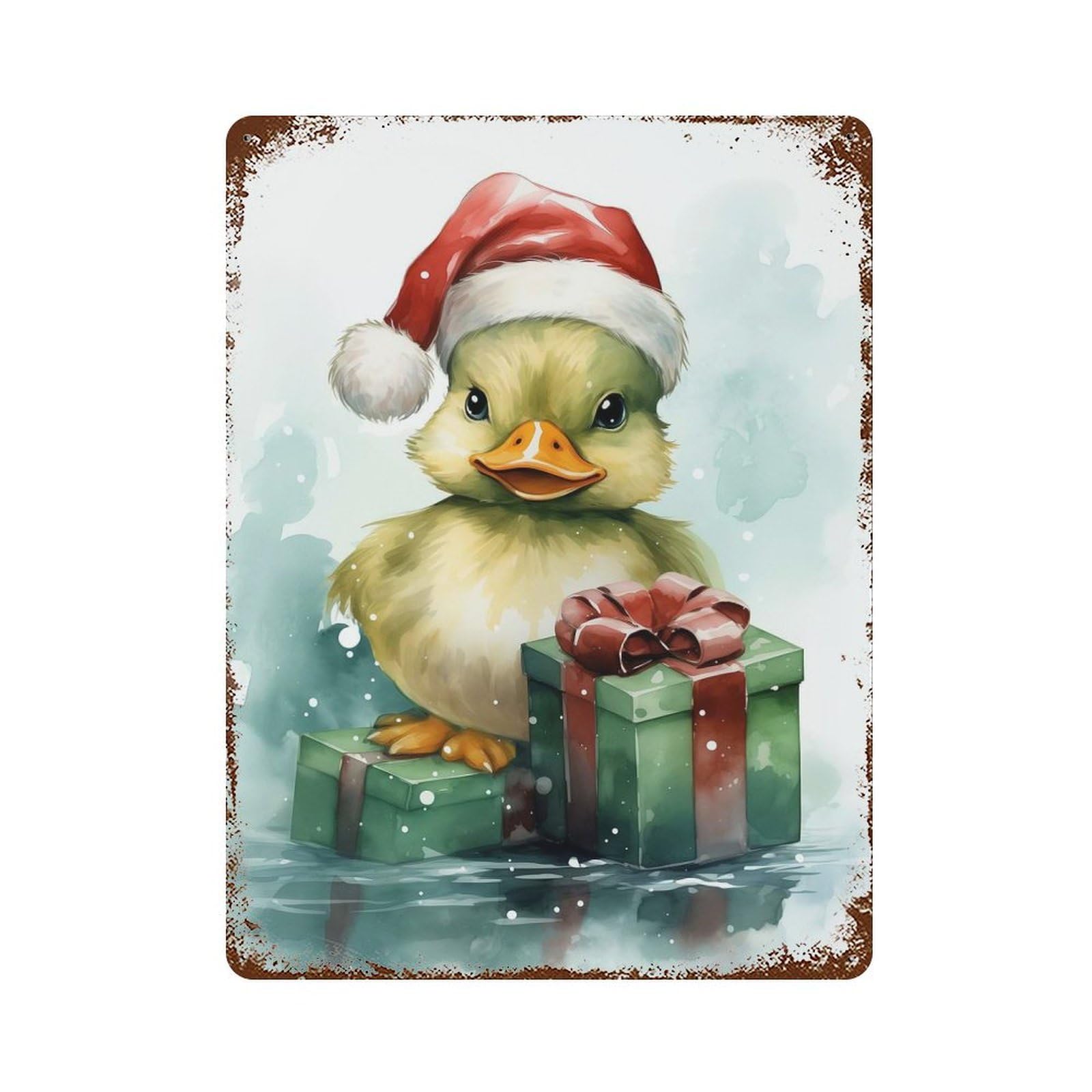 Rust Effect Jolly Happy Duck Christmas Distressed Metal Wall Sign 15.7"x11.8", Decorative Metal Wall Art for Living Room, Hallway And Home Decor