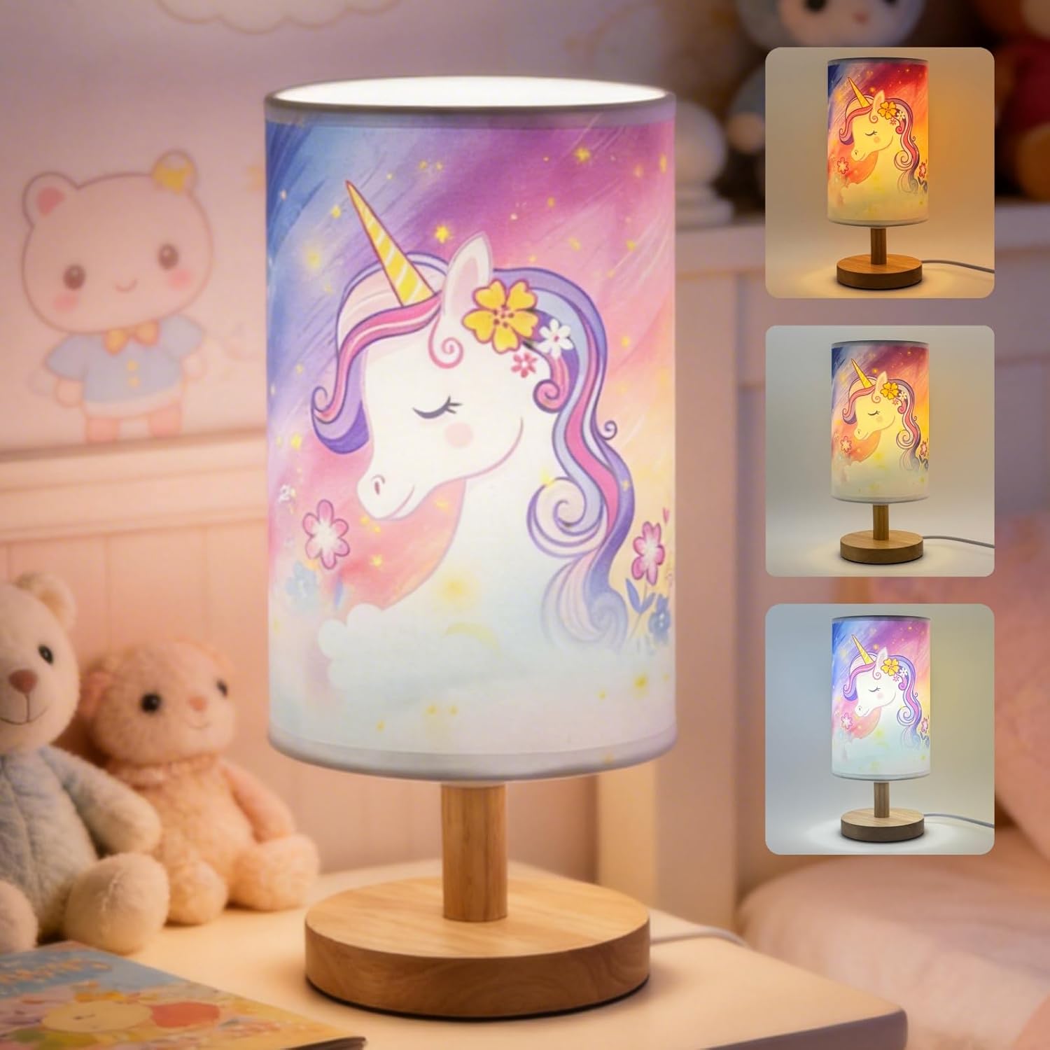 Unicorn Table Lamp,Girls for Bedroom Nightstand Desk Lamps,3 Color LED Bedside Night Light with Flaxen Fabric Shade and Wood Base for Bedroom, Living Room, Unicorn Lovers Gifts for Girls and Boys