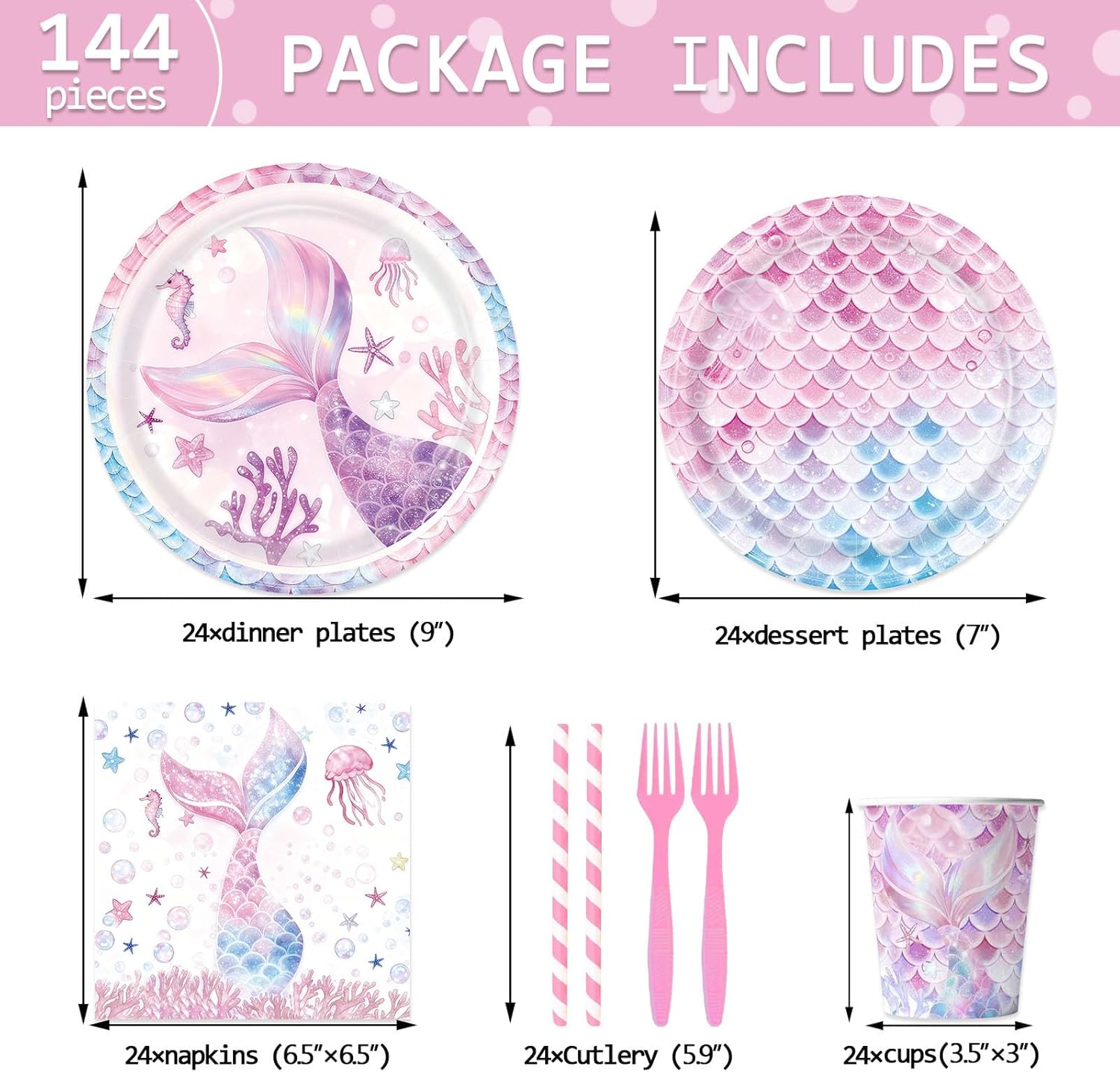 Mermaid Themed Party Decorations Supplies Little Pink Mermaid Party Tableware Set Include Plates, Cups, Napkins,Cutlery and Straw for Baby Shower, Birthday Party Decorations Serves 24