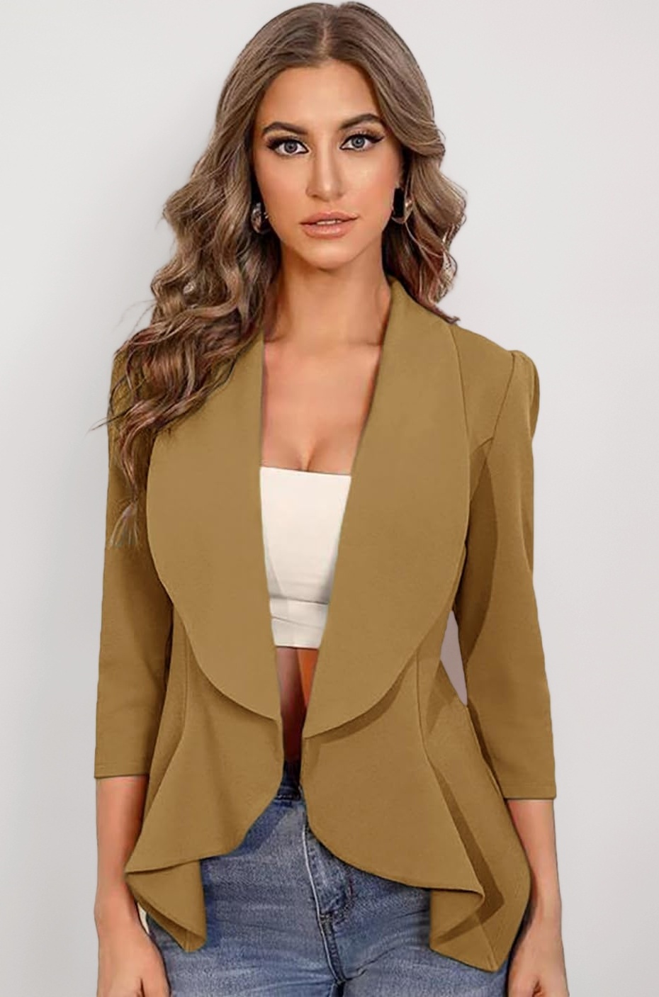 Women's Lightweight Open Front Blazer – Draped Waterfall Longline Blazer Style