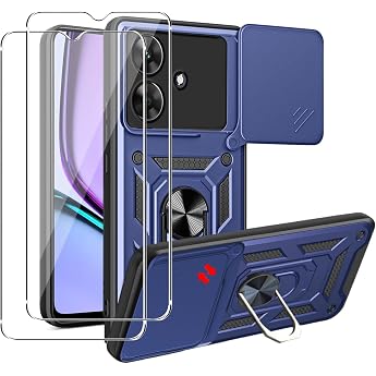 MEMELOKA H lle f r Realme Note 60 4G mit Schutzfolie [2 St ck] Kratzfest Milit r Schutzh lle + 360  Drehbarer St nder TPU Sto feste Bumper Handyh lle mit Kamera Schiebeabdeckung Blau