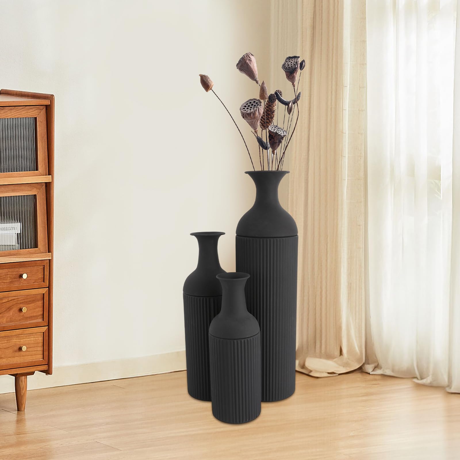 Set di 3 vasi da fiori grandi da pavimento, in metallo, moderno, per soggiorno, camera da letto, sala da pranzo, corridoio, 67/50/40 cm (nero)