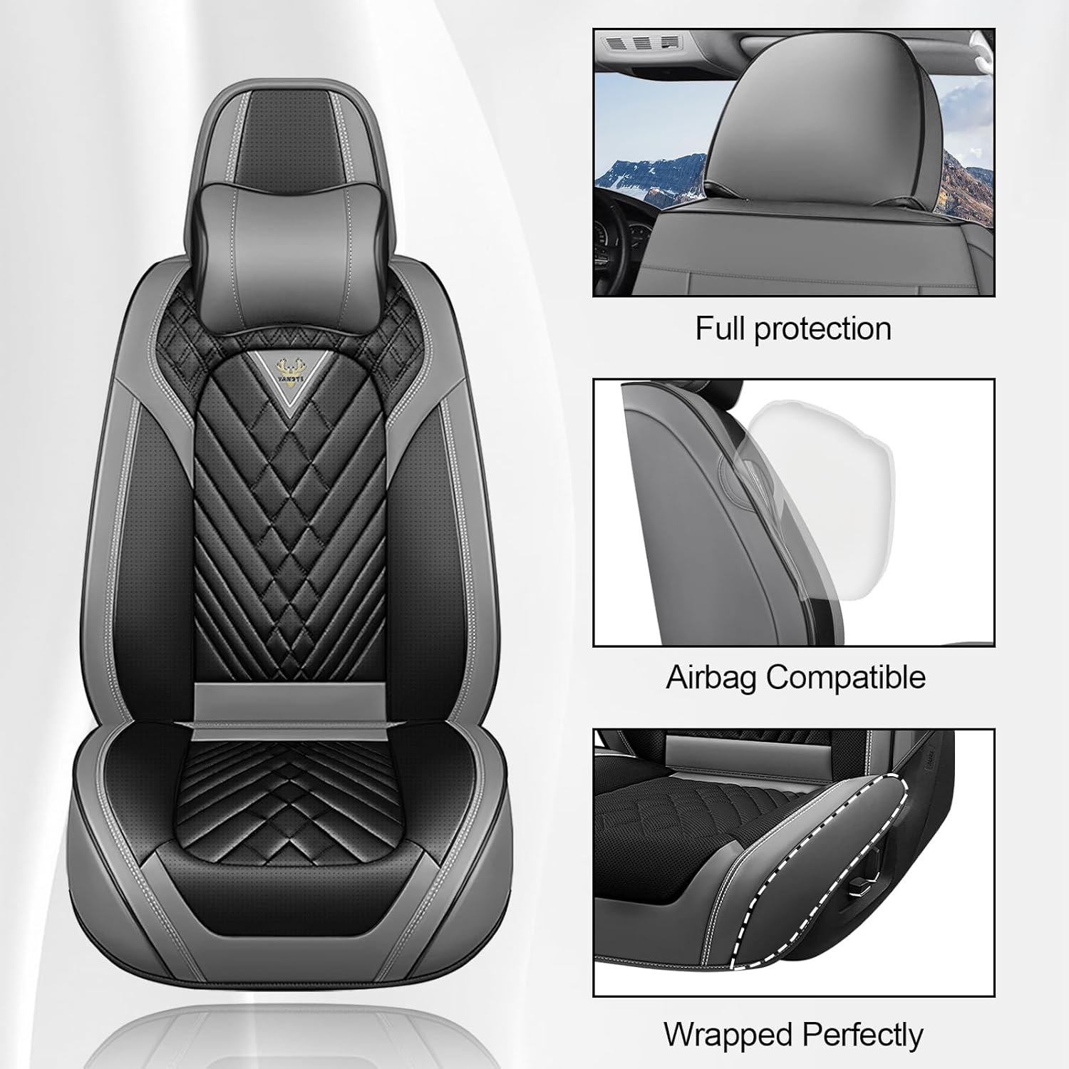Front Seat Covers for Jeep Grand Cherokee 2000-2025, Premium Car Seat Cushion,Waterproof Seat Protectors, Luxury Automotive Interior Accessories (2-Seat Set with Pillow, Gray&Black)