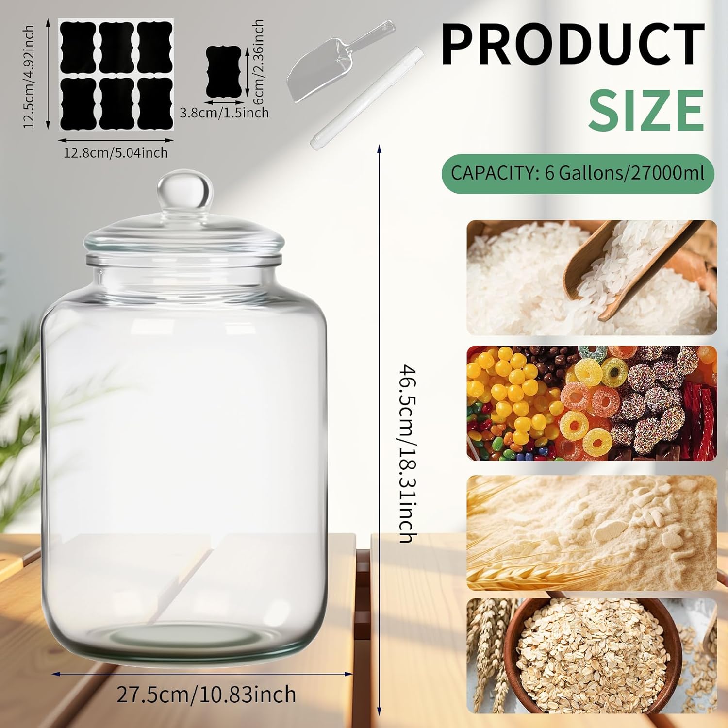 2 Pcs 6 Gallon Glass Jar with Lid Large Airtight Food Storage Canister Big Opening Cookie Canning Pot Containers for Flour, Sugar, Dog Treats, Candy, Pasta, and Kitchen Use