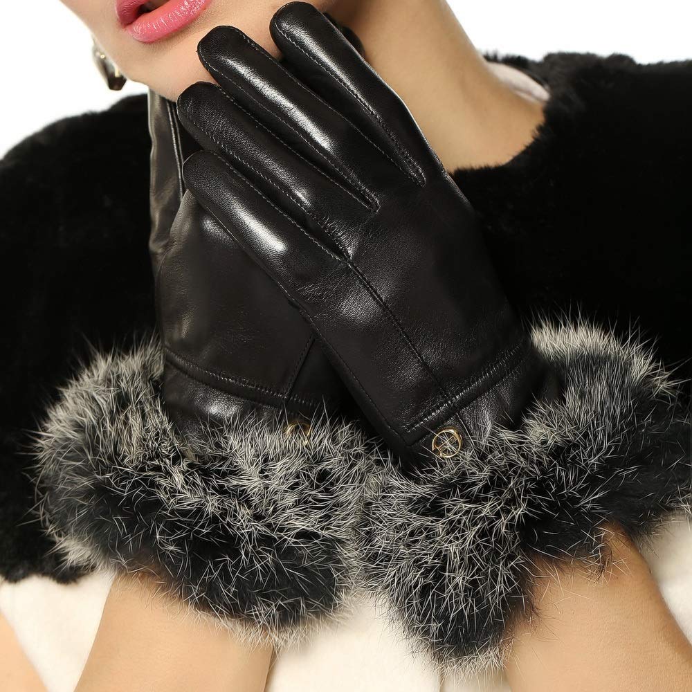 Guanti Guanti in Pelle da Donna Guanti Touch Screen Winter Warm Fashion Velvet (Color : Black, Size : L)