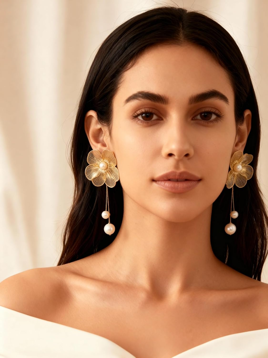 Kaleido Fashion Pearl Drop Earrings for Women, 18K Gold Plated Large Floral Botanical Dangle Earrings, Statement Boho Hypoallergenic Lightweight Jewelry, Gift for Wedding, Party, Special Occasions
