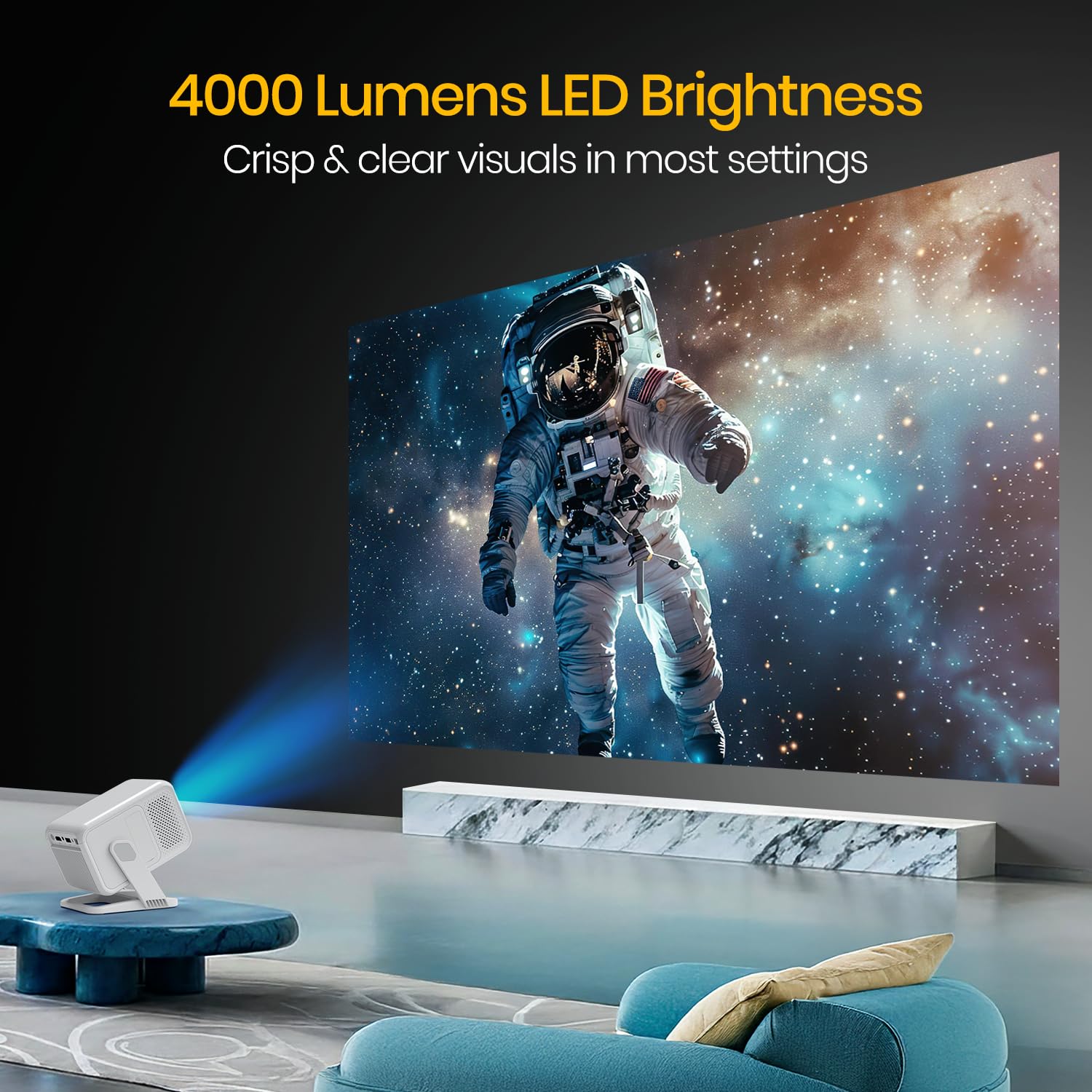 Portronics Beem 450 Smart LED Projector with 1080p Full HD Resolution, Built-in Streaming Apps (Netflix, Prime Video, Hotstar), 4000 Lumens, Screen Mirroring, 3 Watt Speaker, Bluetooth, Wi-Fi (White) 2