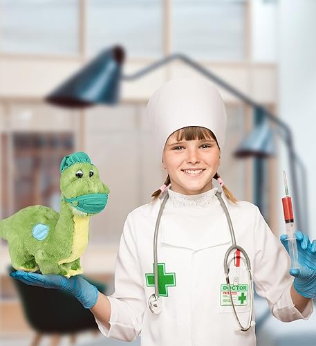 Miniatura 5 de DolliBu Juguete de peluche de Doctor de dinosaurio verde, disfraz de dinosaurio súper suave con bonito uniforme y traje de gorra, regalo con