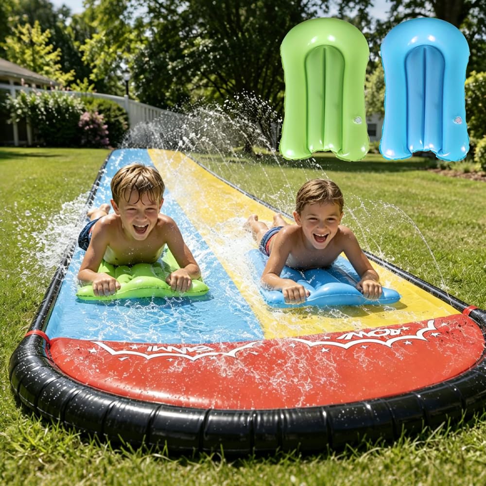 Doppelte Wasserrutsche für Garten 480x140cm mit 2 Bodyboards und Sprinkler
