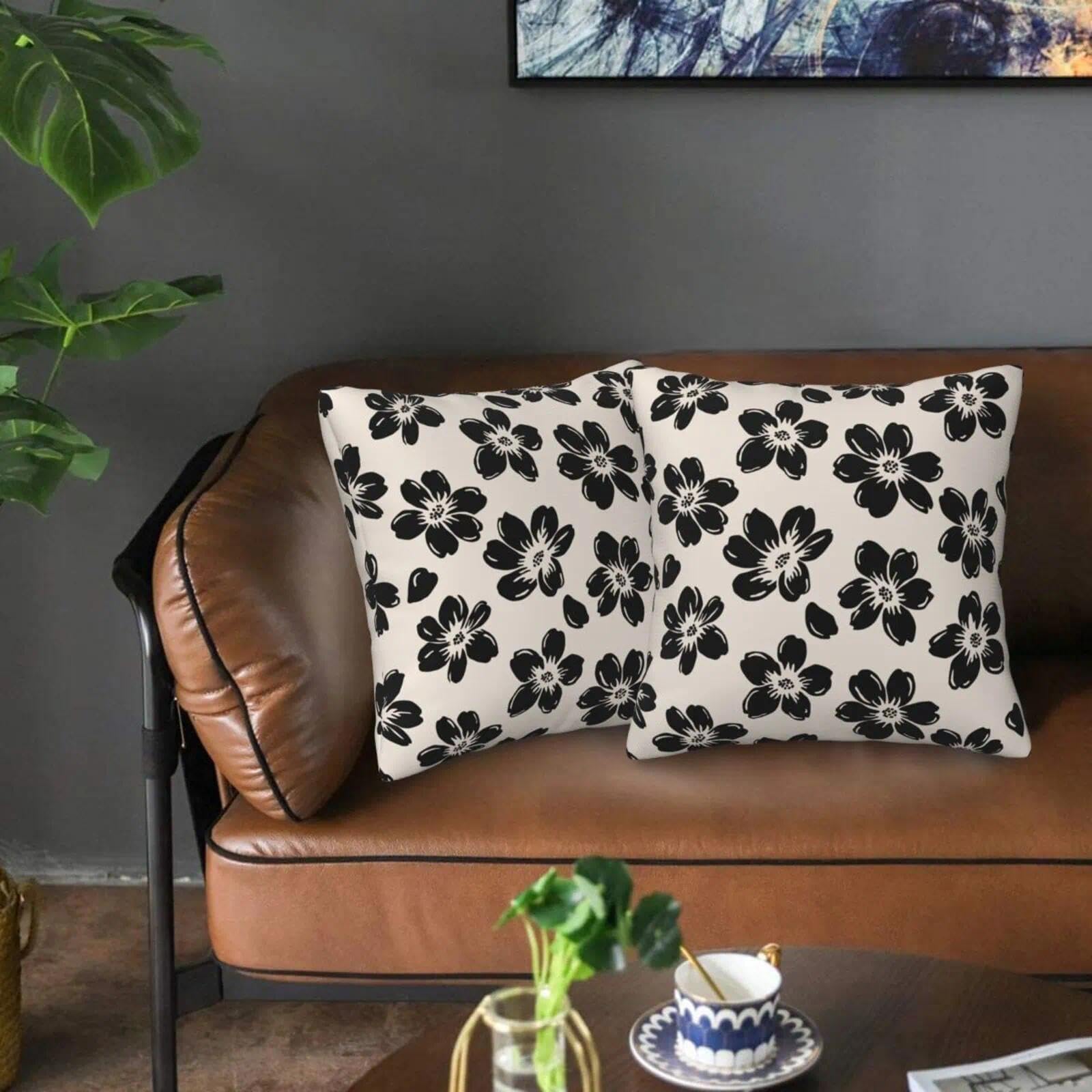 Decorative Black Floral Throw Pillow Covers 18 x 18 Inch Set of 2 Black Beige Lucky Flowers Cushion