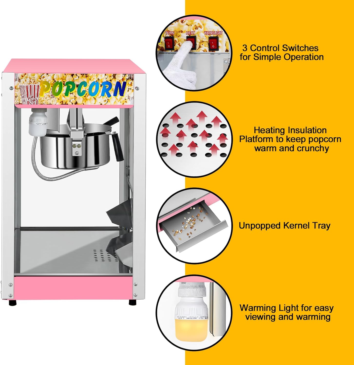 Commercial Popcorn Machine, 8 Oz Kettle, 850 W Countertop Popcorn Maker for 48 Cups per Batch, Popcorn Popper with 3-Switch Control Steel Frame Tempered Acrylic Doors