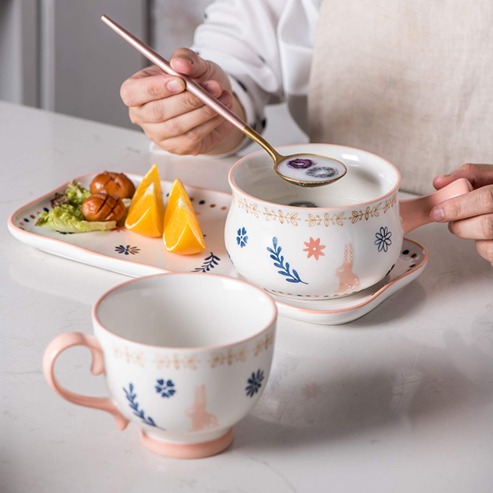 Ensemble de Vaisselle de Cuisine, Ensembles de Vaisselle en céramique, Ensemble de dîner en Porcelaine à Motif de Lapin 33 pièces pour Mariage, Ensemble de TASS(