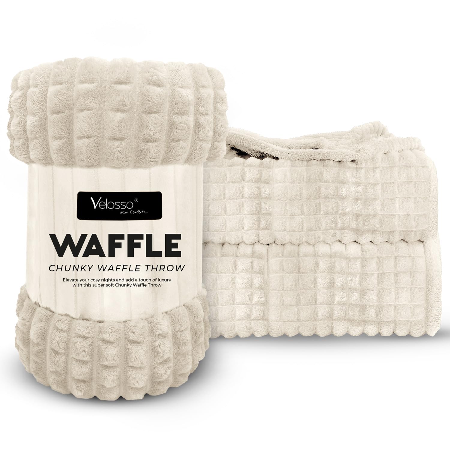 Velosso Manta de Waffle Gruesa con Cuadrados de Burbujas Super Suave y Peluda de Pelo Sintético de Visón para Sofás, Cama, Sillón, Sofá Extra Grande (Marfil, 127x152 cm)