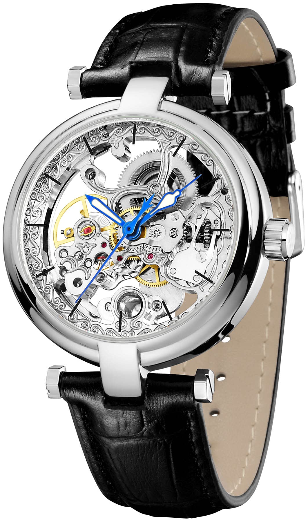 Carlien Skelett-Automatikuhr, Steampunk, goldfarben, leuchtende Zeiger, Lederarmband, Armbanduhr