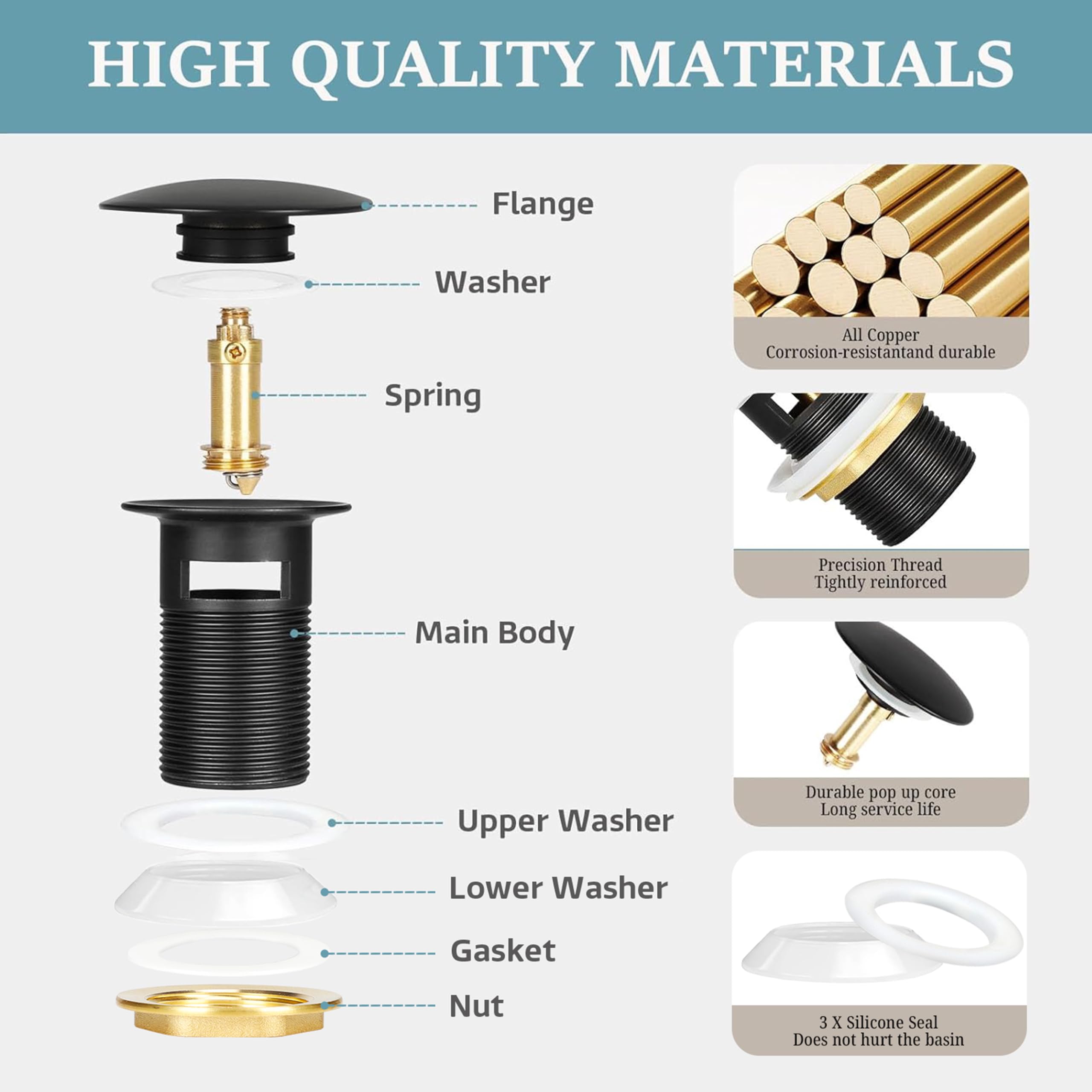 Scarico Lavabo Bagno con Troppopieno, Piletta Bidet Click Clack Ottone Tappo di Scarico Lavabo Universal G1 1/4" Piletta Lavabo Bagno Valvola Pop Up per lavandino Bidet Vasca, Nero Opaco