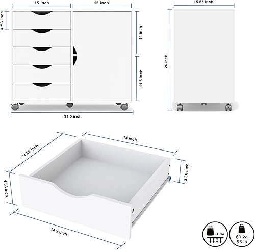 Miniatura 3 de QDSSDECO Cómoda de 5 cajones con 1 puerta, cómoda de almacenamiento de madera, armario móvil con ruedas, soporte de impresora para el hogar,