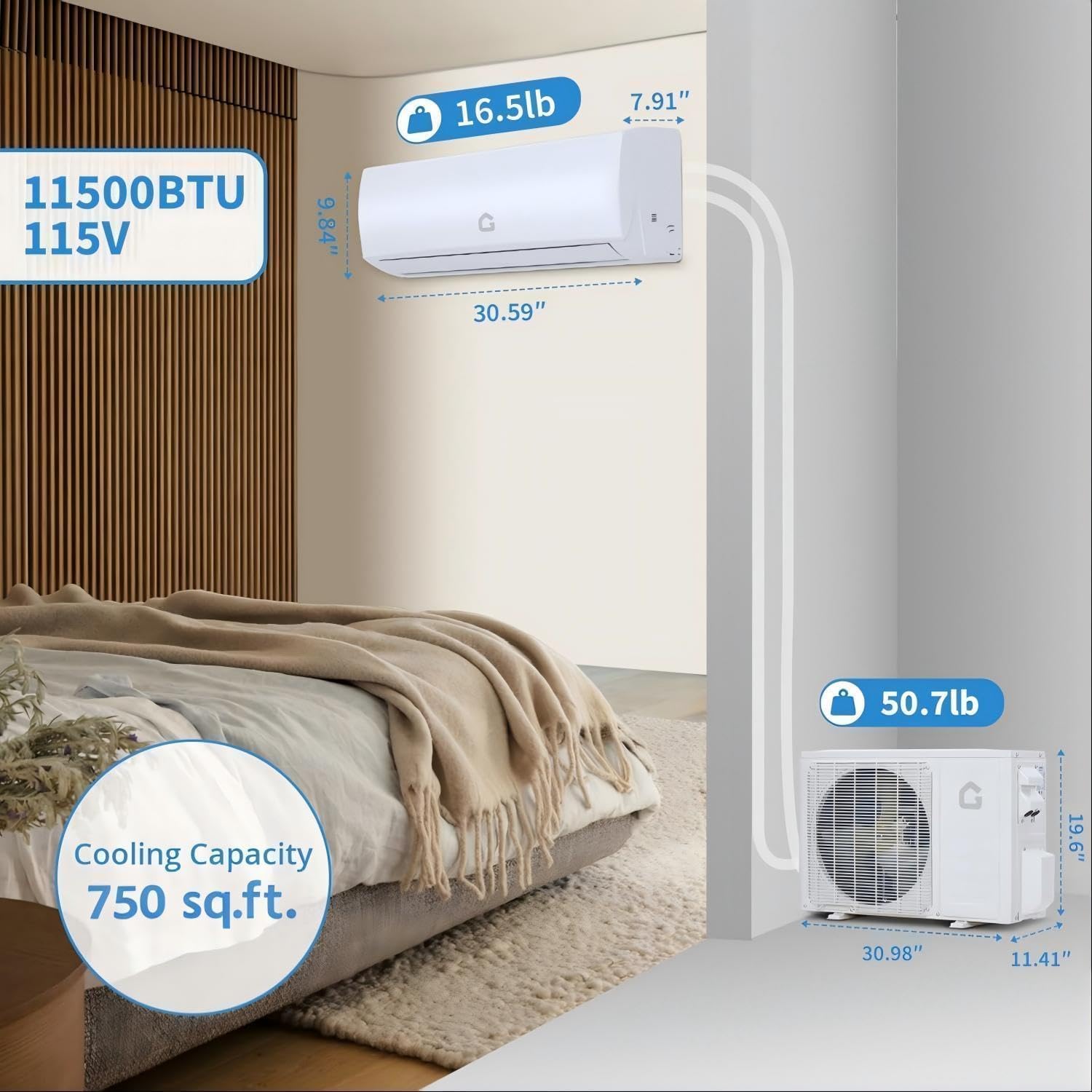 GarveeLife 11,500 BTU WiFi Mini Split AC, Heating System, 115V, 17 SEER2 Ductless Inverter Unit, Fan, Cools & Heats Up to 750 Sq.Ft, Remote & App Smart Control, Indoor & Outdoor Units