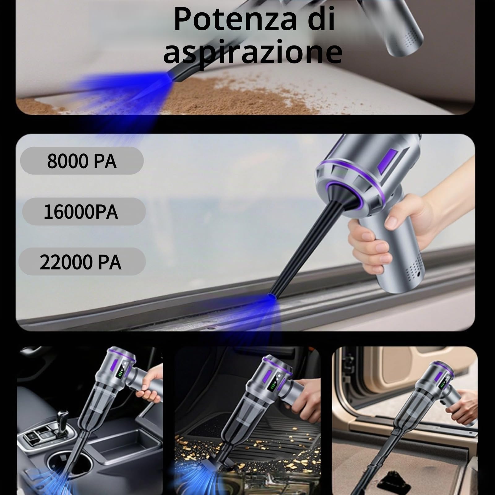4 in 1 Aspirabriciole Senza Fili Potente, 22000PA Mini Aspirapolvere Potente, 3 Velocità Aspirapolvere Auto Portatile, Scarico Polvere Automatico a un Tocco per Auto Casa Ufficio Peli di Domestici