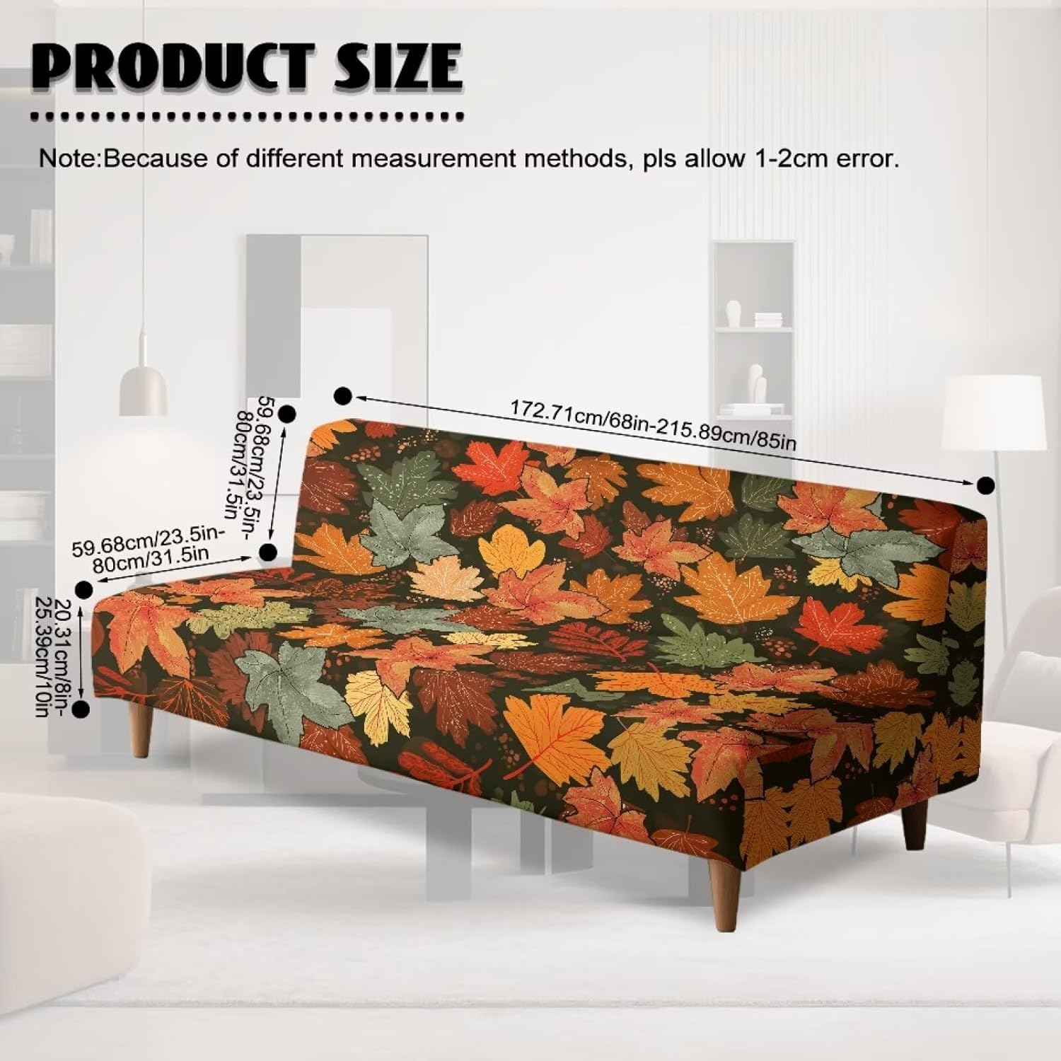 Maple Leaf Pattern Armless Futon Sofa Covers, Soft Couch Cover Non Slip Sofa Chair Slipcover Furniture Protection with Elastic Edges for Autumn Fall