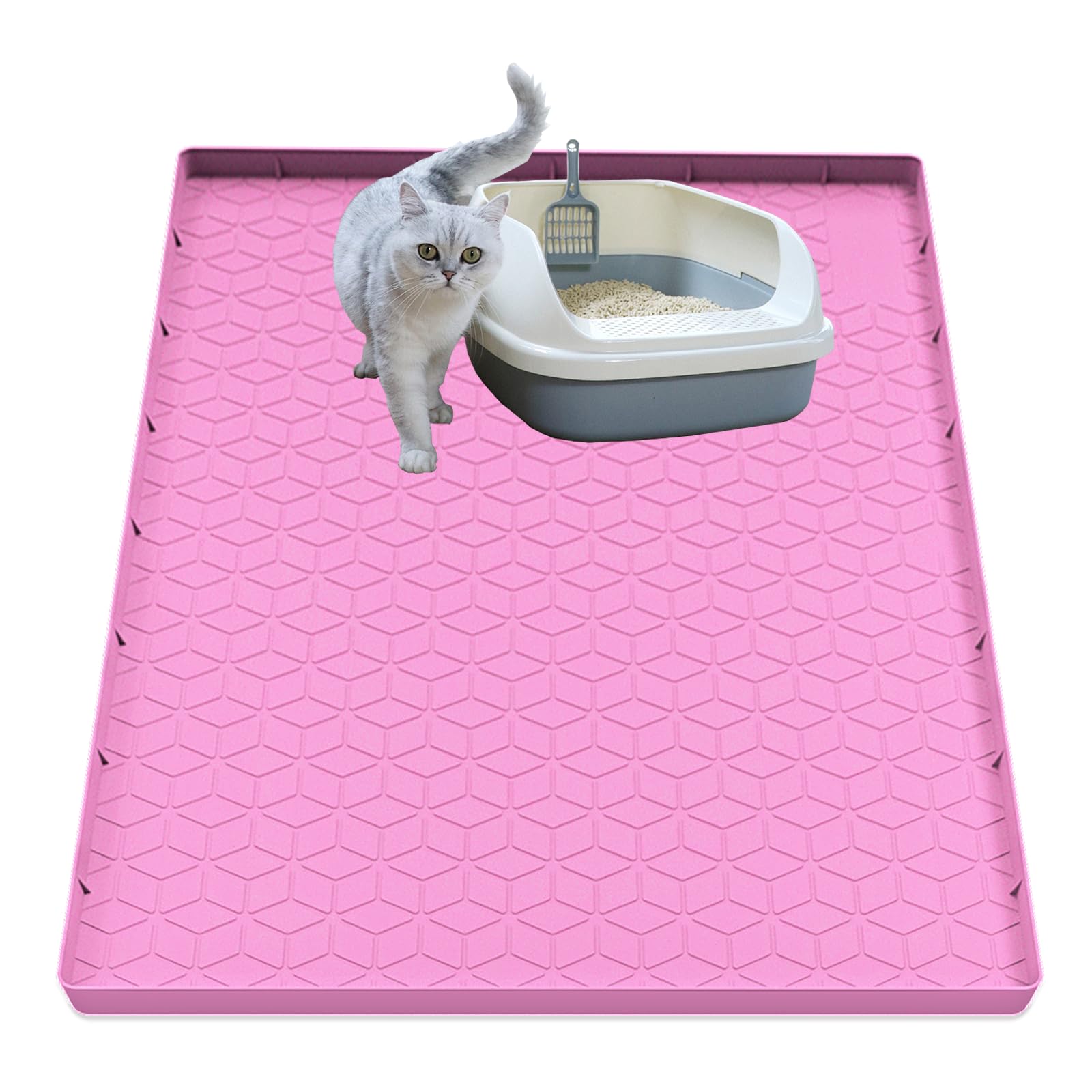 Jacooxi Cat Litter Mat, Silicone Large Cat Mat for Litter Box - 34x22 in, Waterproof & Non-Slip, Durable & Easy Clean, Pink