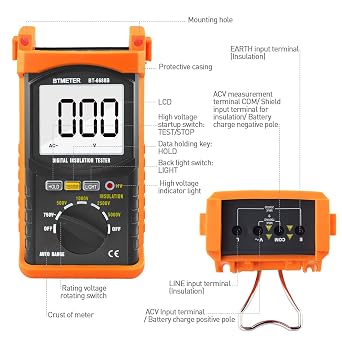 BTMETER BT-6688B Megohmmeter 200 Gig Ohm Digital Insulation Resistance Tester, 500V/1kV/2.5kV/5kV Test Voltage, Auto Ranging, Backlight Display