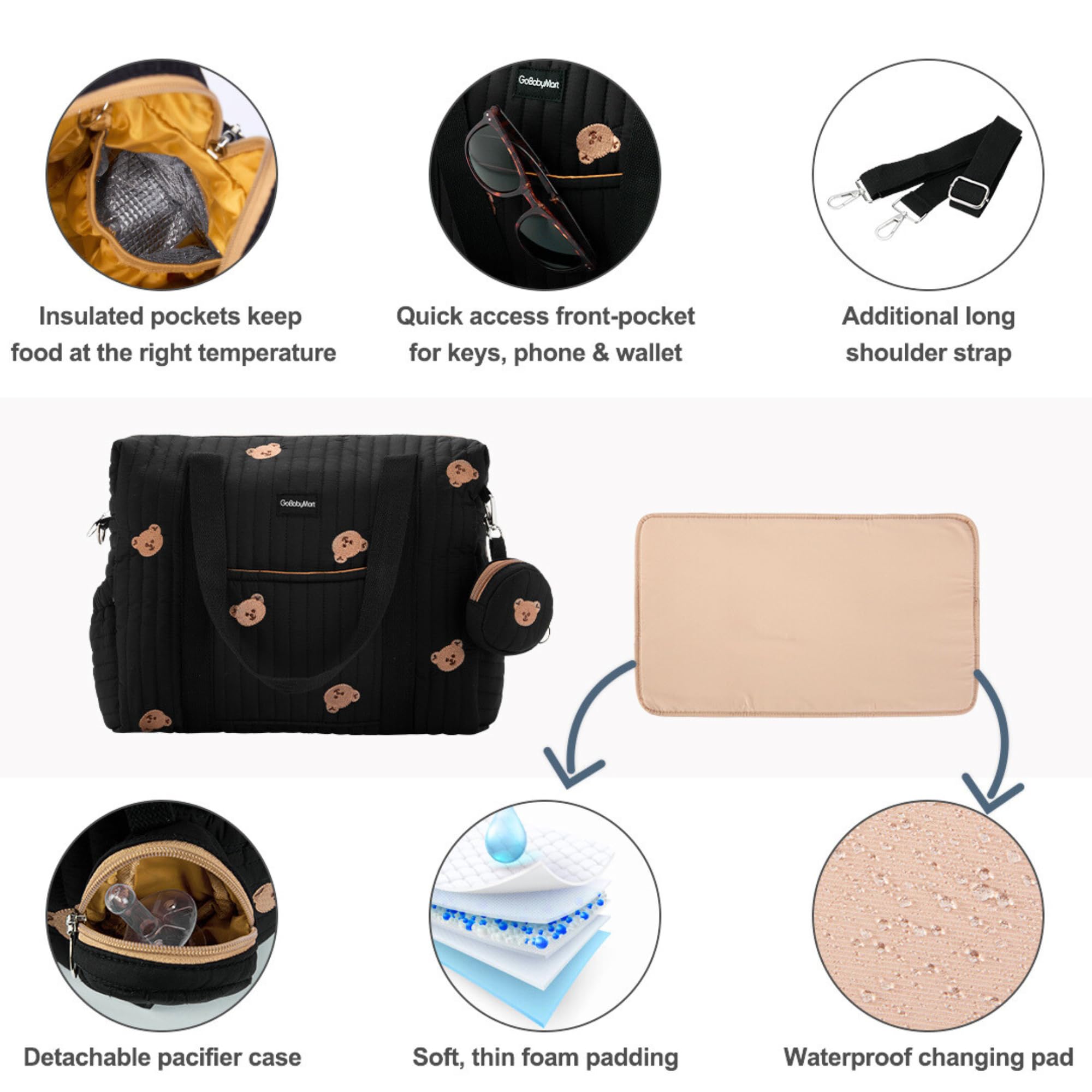 GOBABYMART Set di 3 borse per pannolini con fasciatoio e custodia per ciuccio, borsa da viaggio per maternità in cotone