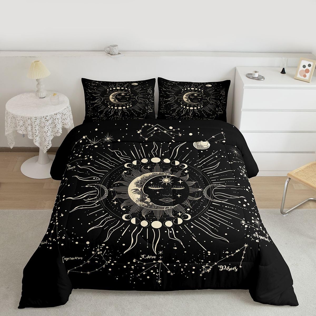 Feelyou Sun and Moon Printed Comforter Set Boho Exotic Decor Bedding Set for Kids Boys Girls Galaxy Astrology Comforter Bohemian Tribal Black Quilt Set with 2 Pillowcases 3Pcs Bedding Full