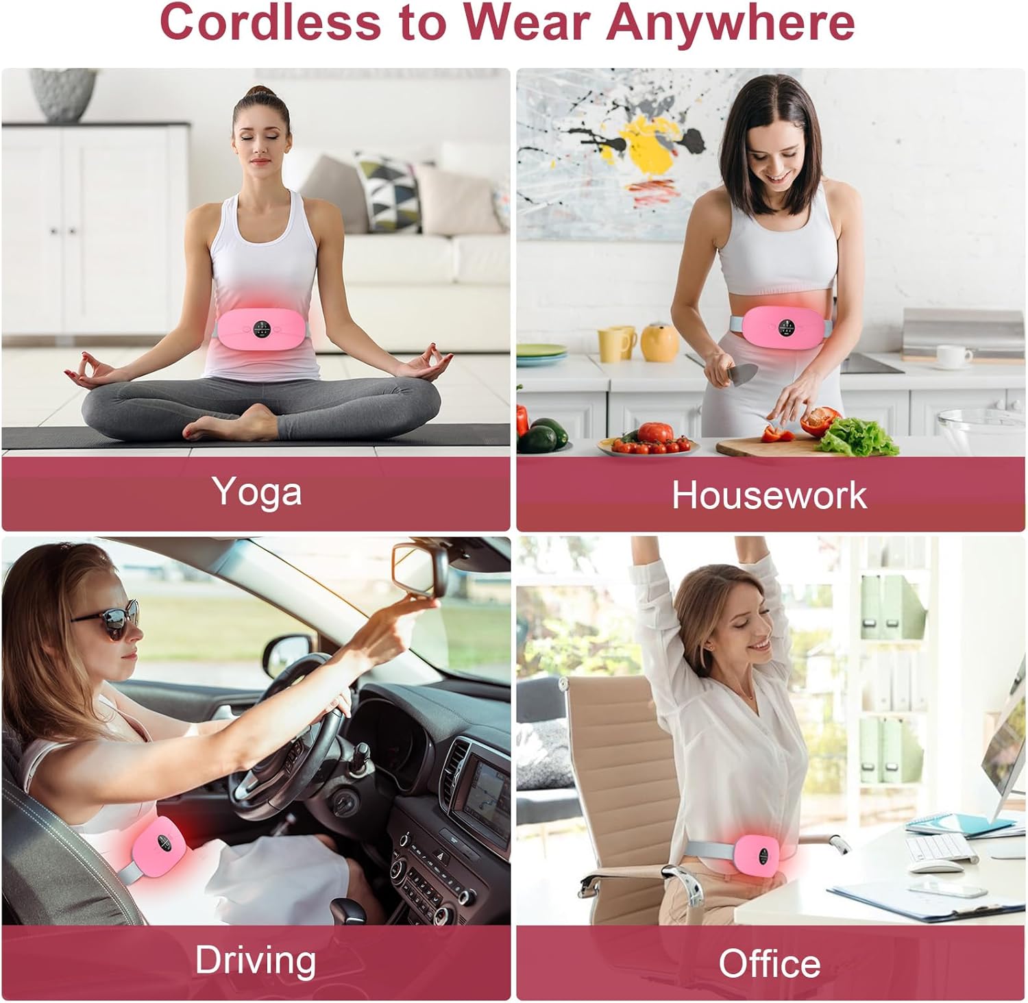 Heating Pad for Period Cramps, 3 Heat Levels and 3 Massage Modes, Portable Heating Pad for Menstrual Cramps Relief, Cordless Electric Period Belt Back Belly Heat Pad, Pink - Image 7