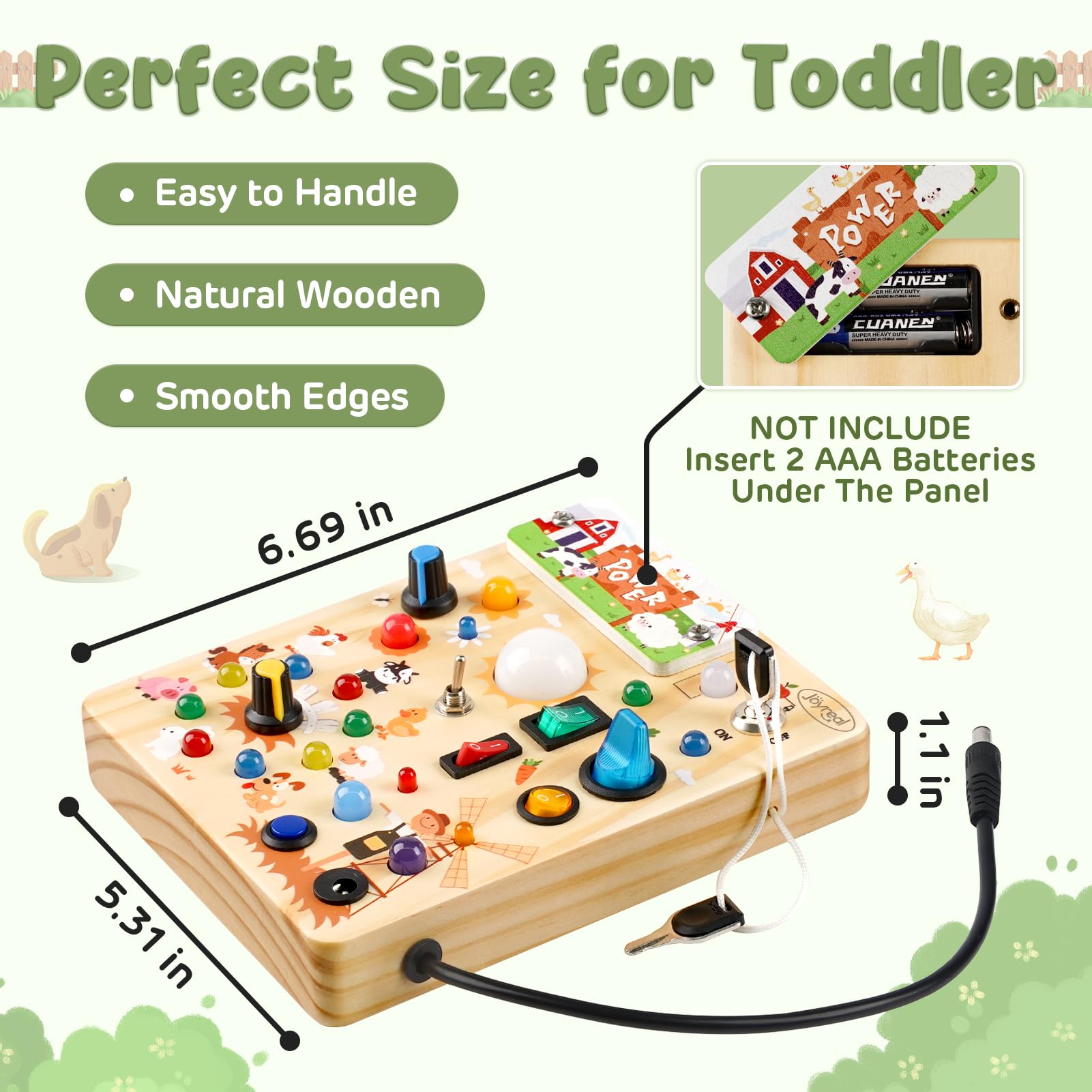 Joyreal Busy Board Montessori 1 2 Años, Tablero Juguetes Montessori Niños 1 2 3 Años, Juegos Educativos de Madera con 19 LED, Regalos Juguetes Sensoriales Bebe (Granja)