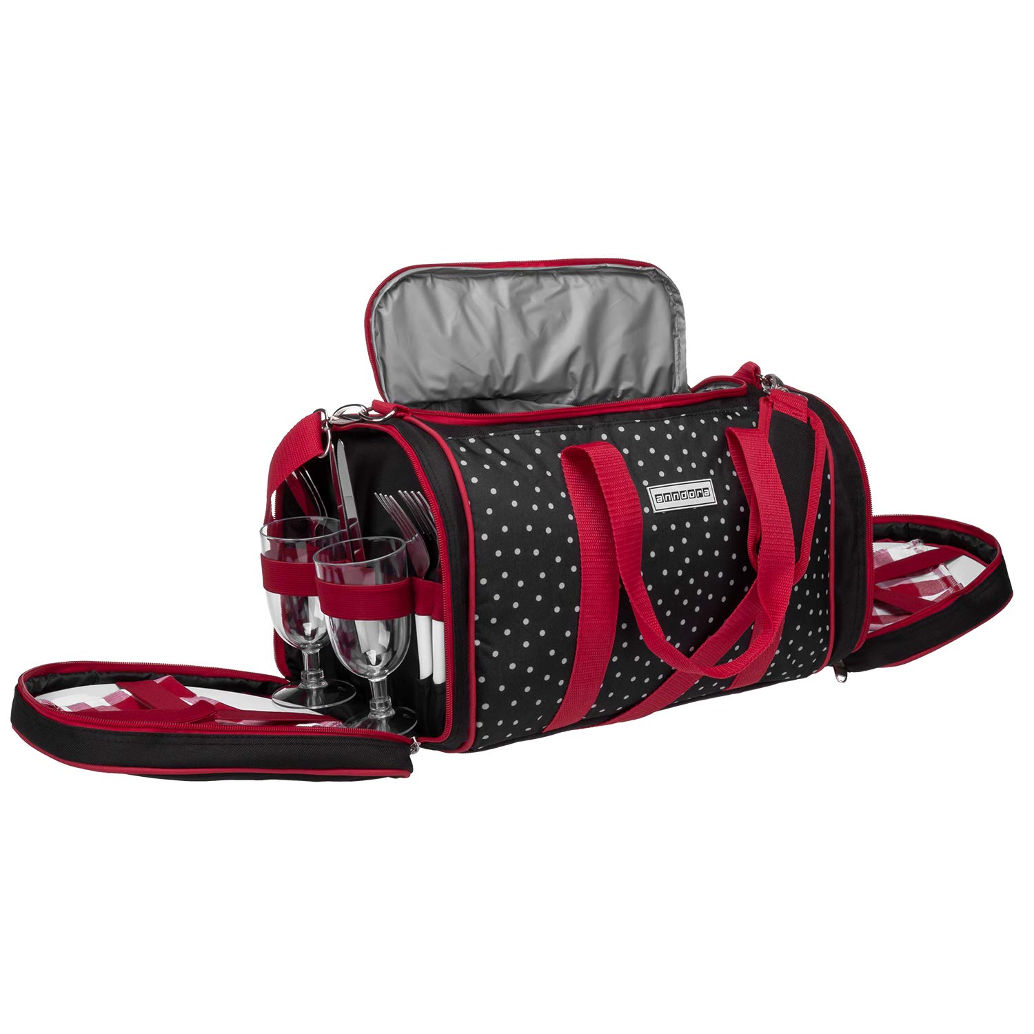 anndora Picknick Kühltasche + Decke + Zubehör schwarz weiß gepunktet