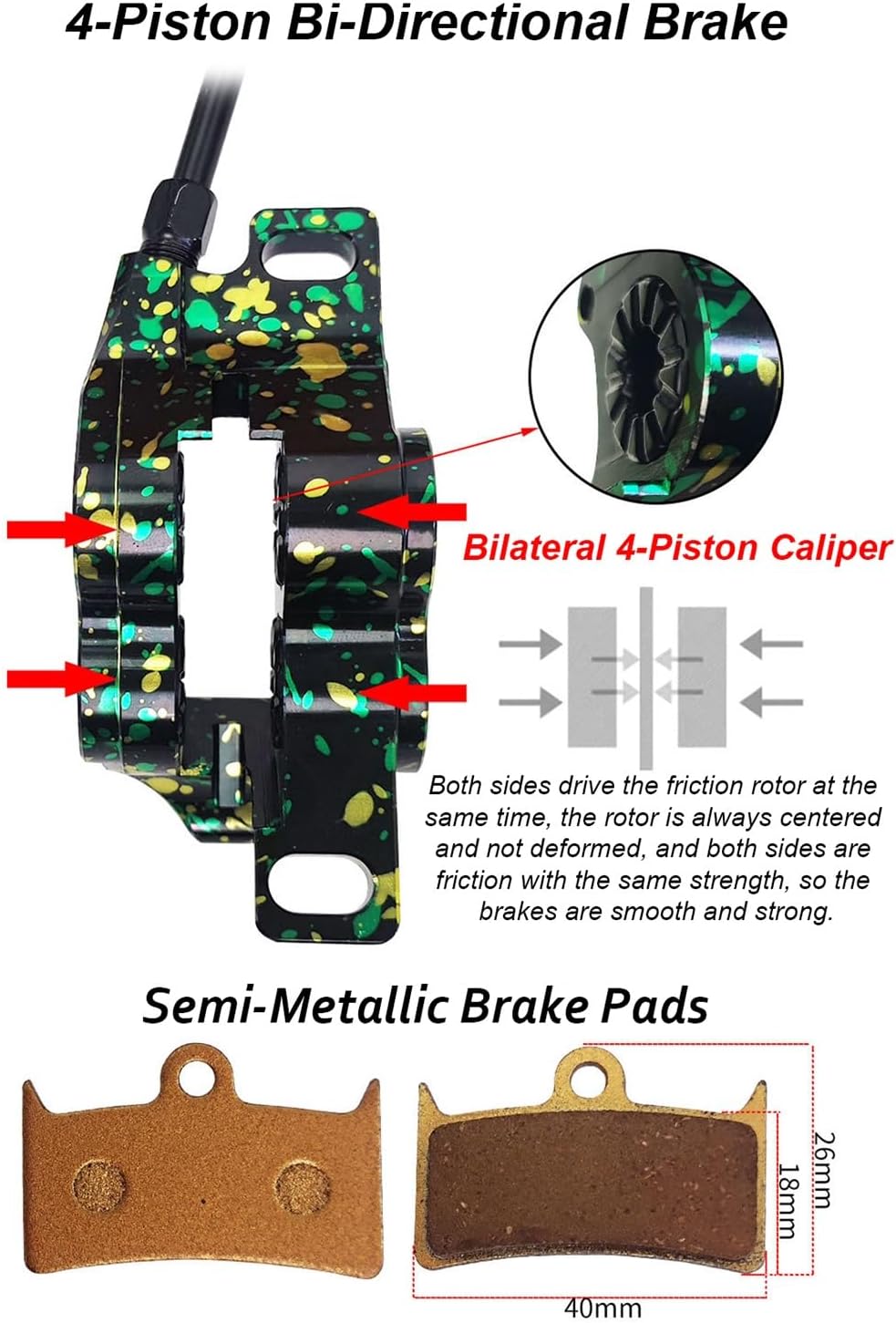 4-Piston Hydraulic Disc Brake Set for Mountain Bike Right Front 850mm Left Rear 1500mm Hose with Aluminum Alloy Hollow Bearing Brake Handle for 180mm Rotors(Green)