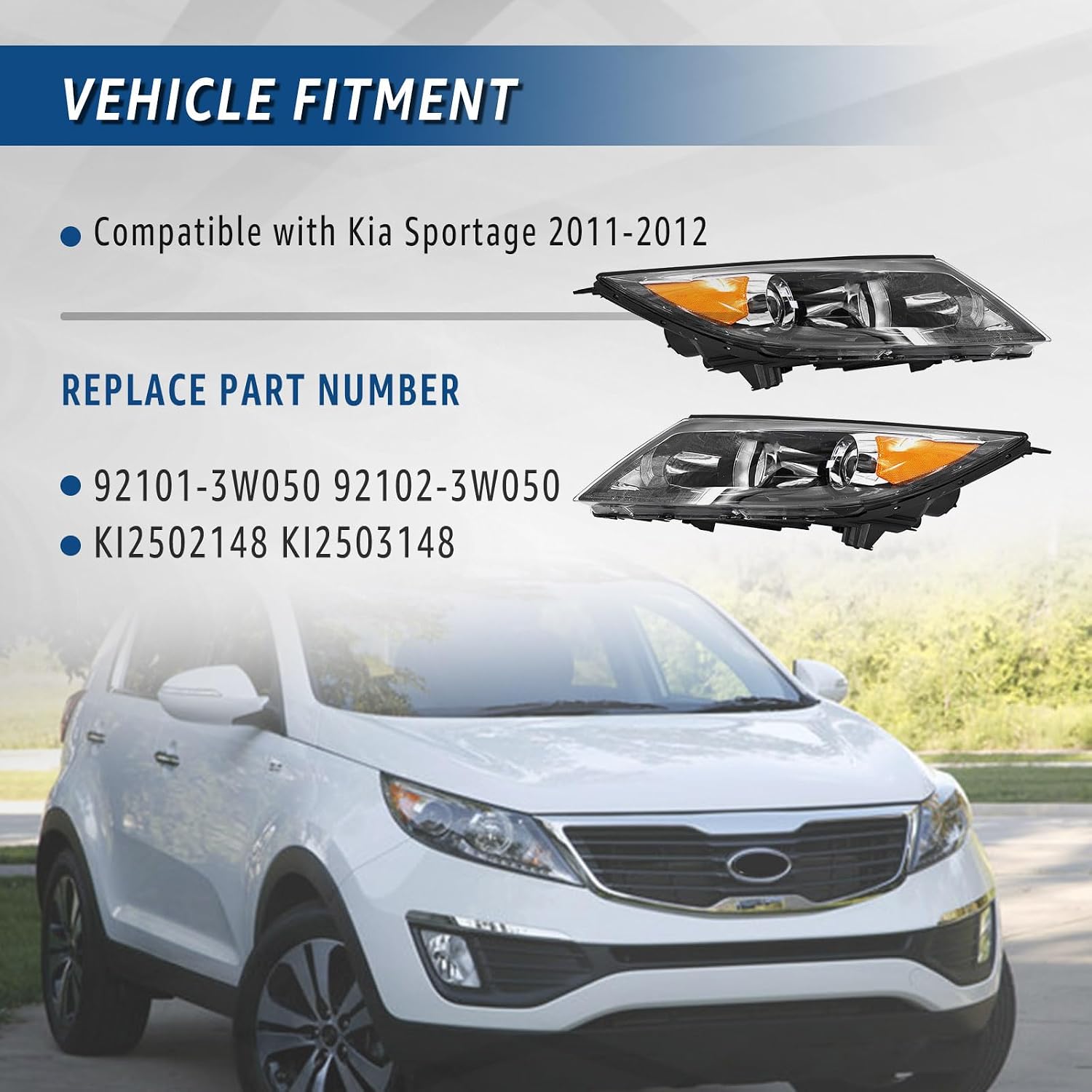 Headlight Assembly Compatible with Kia Sportage 2011 2012 Left Right Pair of Halogen Headlamp Replacement 92101-3W050 92102-3W050 KI2502148 KI2503148