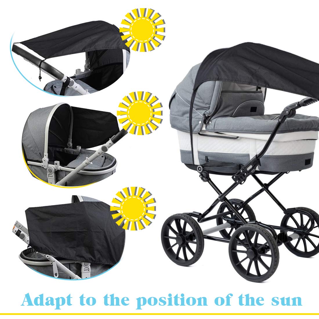 Telo Parasole Universale, Parasole per Passeggino, Parasole Carrozzina, Parasole Passeggino, Protezione Solare per Passeggino e Navicella Regolabile con protezione UV 50, Nero