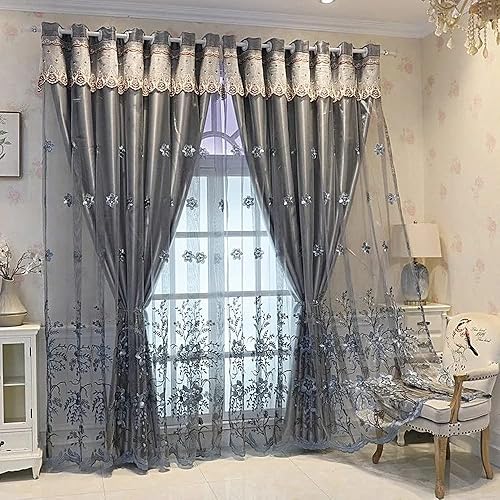 Amidoudou 1 par de cortinas europeas de doble capa para sala de estar, dormitorio, cortinas bordadas de flores de lujo con cenefa (gris, 54 x 96 disponible en Yaxa Venezuela