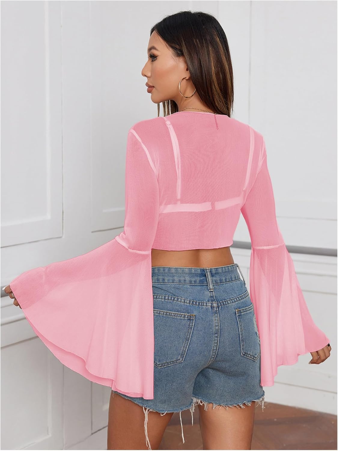 Verdusa Women's Bell Sleeve Crop Top Tie Front Long Sleeve Blouse Sheer Mesh Top - Image 2