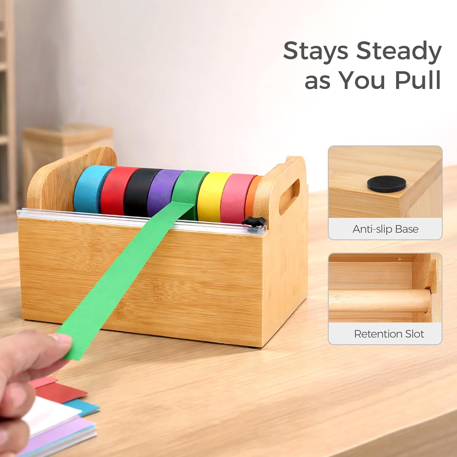 Masking Tape Dispenser & Holder for Kids Classroom and Office, Bamboo Washi Tape Organizer, Wall Mount or Countertop, Holds 8×1” or 14×0.6”, No Assembly