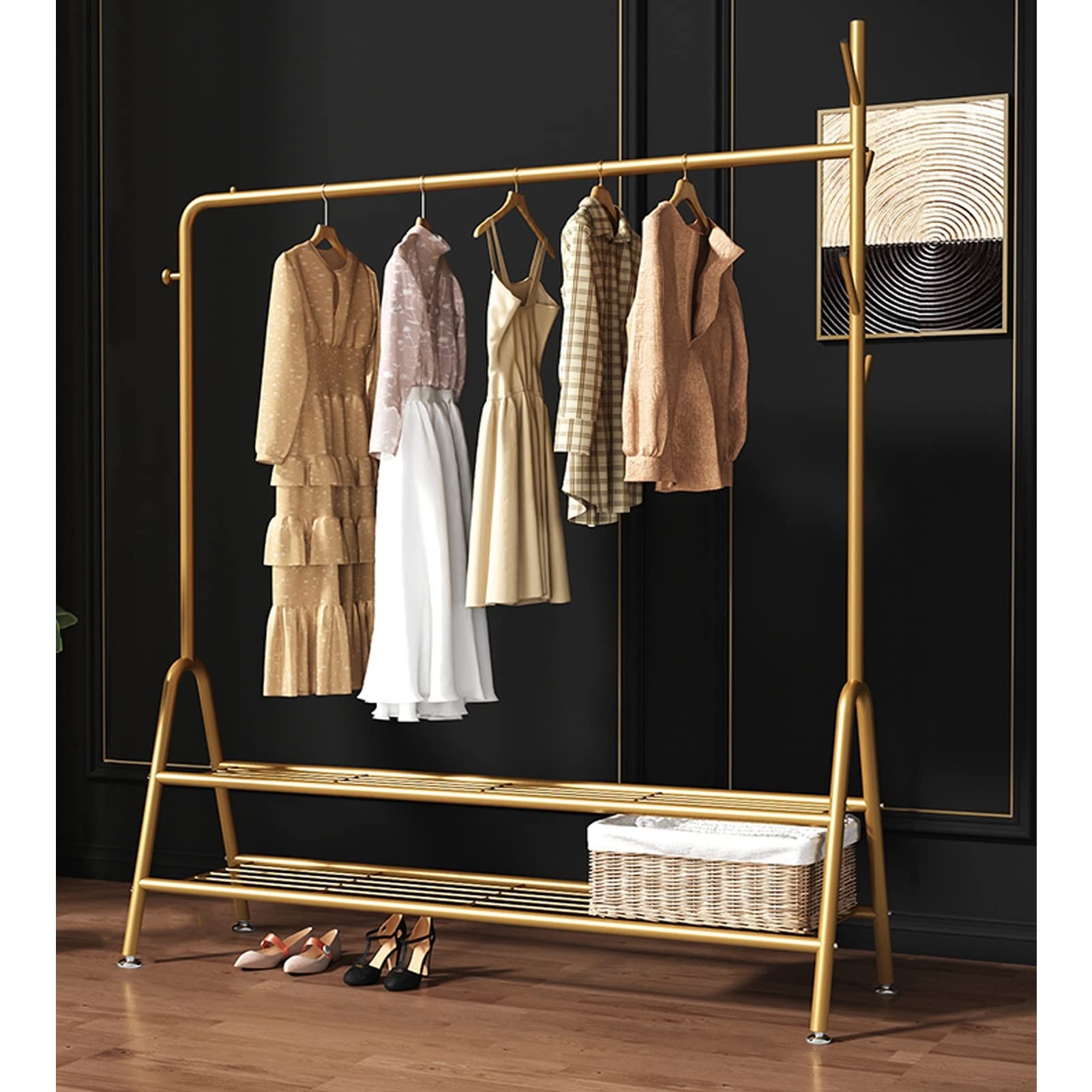 YNBSHGAA Metal Hall Tree with Hoo Multi-functal Coat Rack Freestanding Garment Hanr with 2-Tier Sto Shelves for Bedroom and Entryway nizat,Gold-150cm