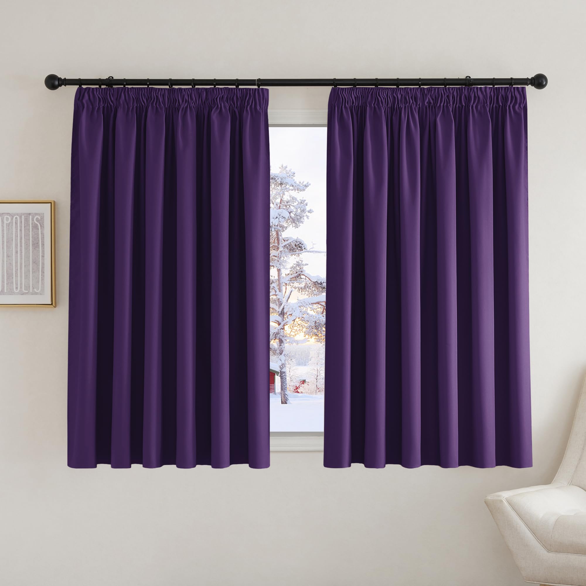 PONY DANCE Purple Blackout Thermal Curtains - Pencil Pleat for Bedroom Window Treatment with Hooks 2 Panels, W90 x L54 Inch