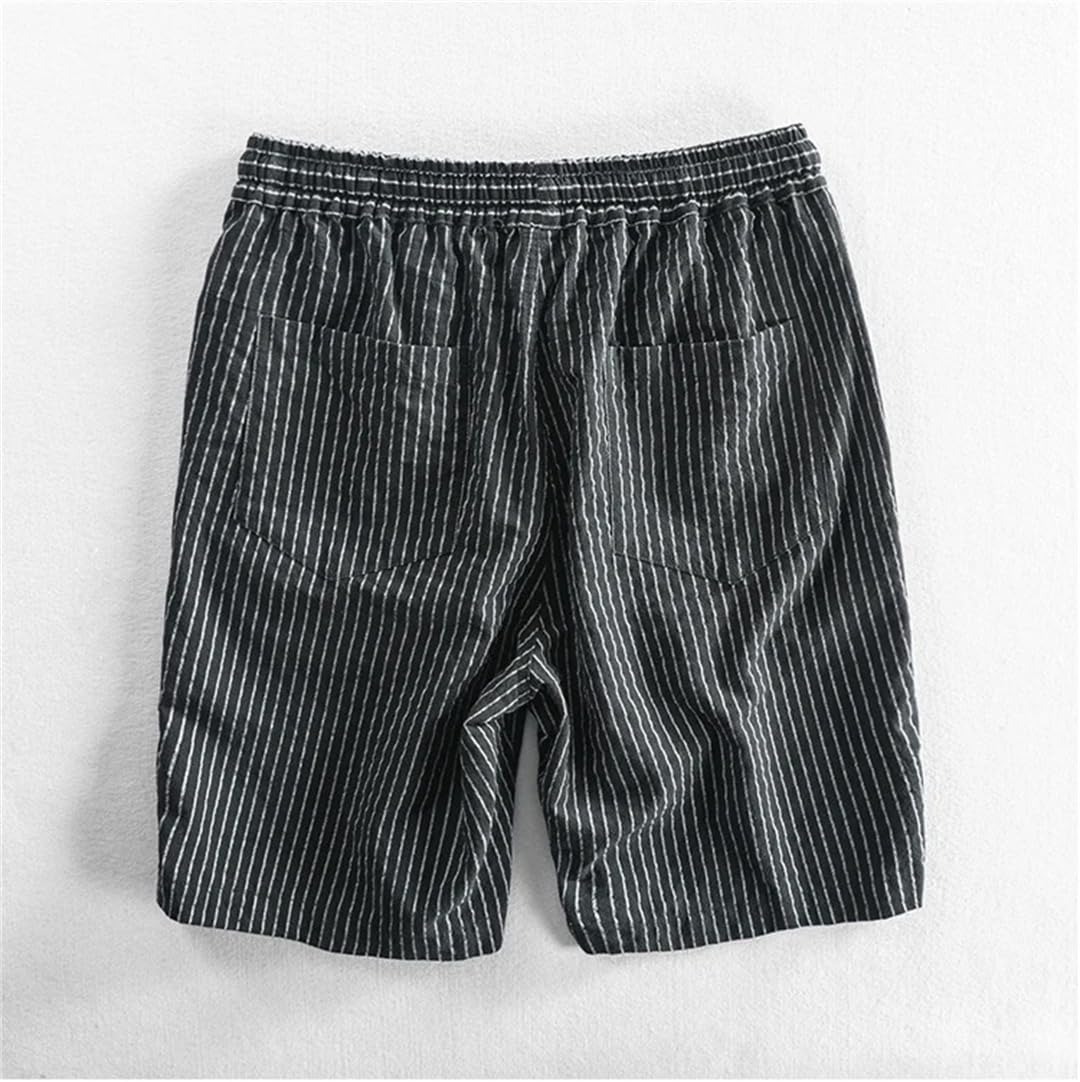 Fnfmrfmr Men Beach Shorts Striped Casual Elastic Waist Comfortable Drawstring Knee Length Cotton Pants