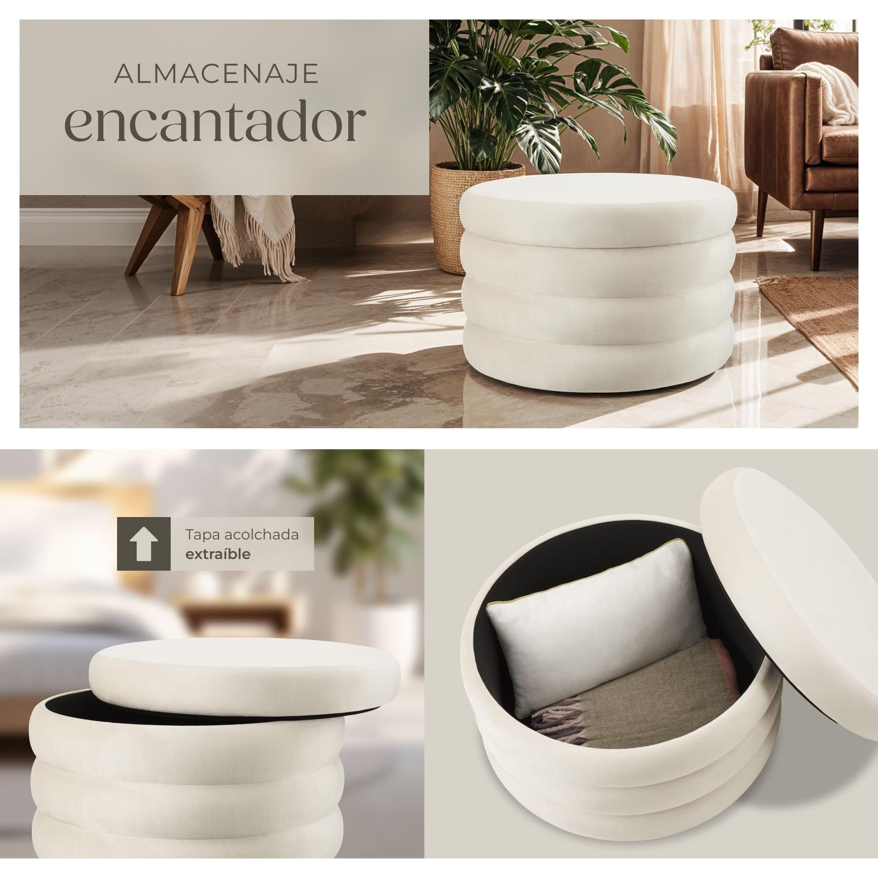 tectake® Taburete Almacenaje Bouclé, Carga: 150 kg, MDF, Puff Almacenaje, Taburete Dormitorio, Reposapies Puff, Zapatero Entrada Recibidor, Asiento Acolchado, Ideal Salón - 67 x 42 cm Blanco/Crema