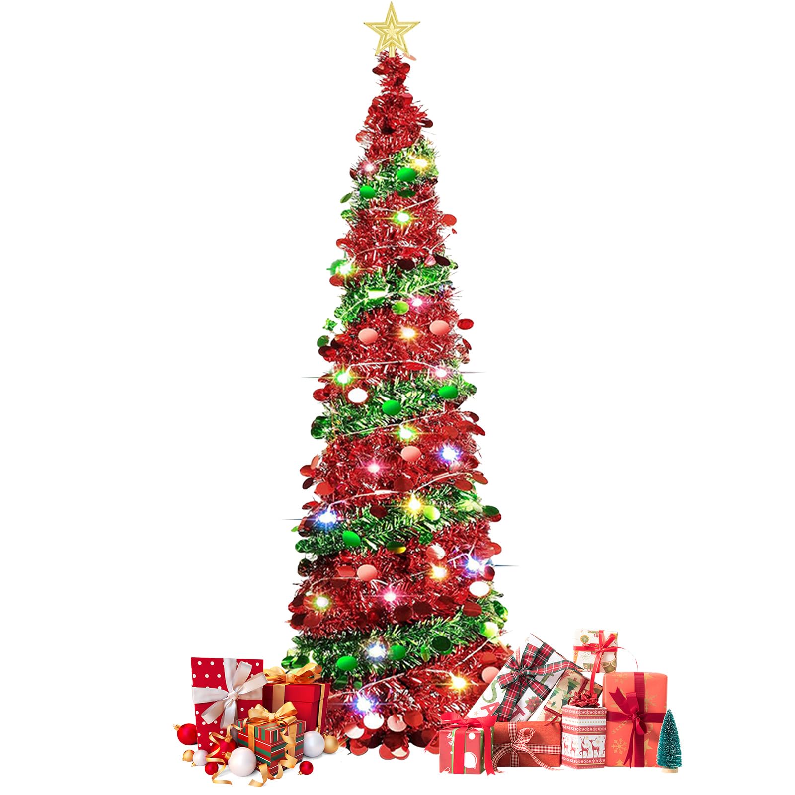 Albero di Natale Pieghevole Pop Up, Albero di Natale Artificiale a Paillettes 150cm con 50 Luci a LED, Alimentazione USB, Paillettes Scintillanti, Decorazione Natalizia per Interni ed Esterni, Casa