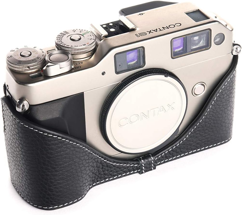 Contax G1 Case, BolinUS Handmade Genuine Real Leather Half Camera Case Bag Cover for Contax G1 Camera with Hand Strap (Black)