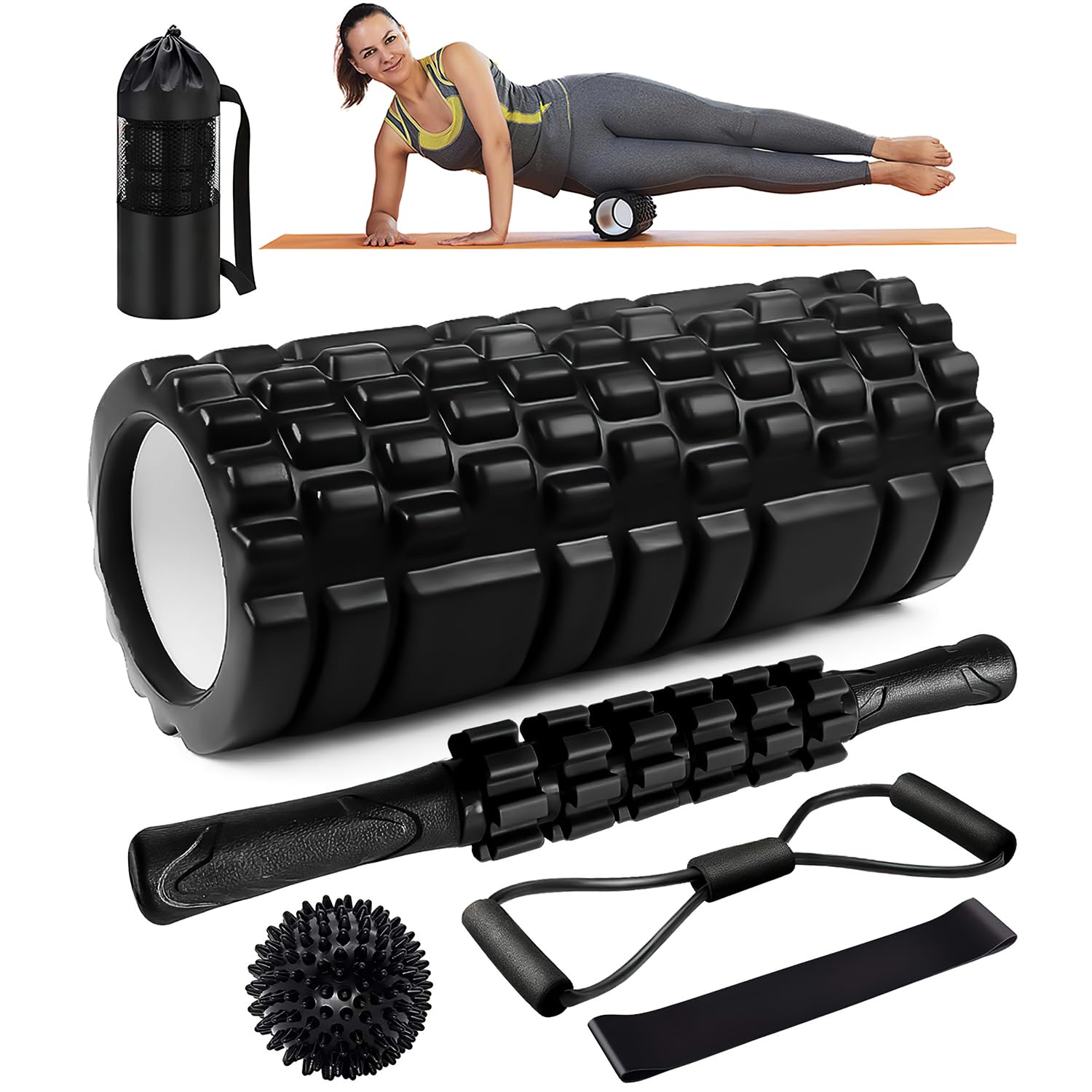 Faszienrolle, Qveetry Foam Roller Faszienrolle Sets mit Massageroller Stab, Widerstandsbänder Krafttraining, Massageball, Fitnessbänder, 33cm Schaumstoffrolle für Yoga Pilates, mit Poster (Schwarz)